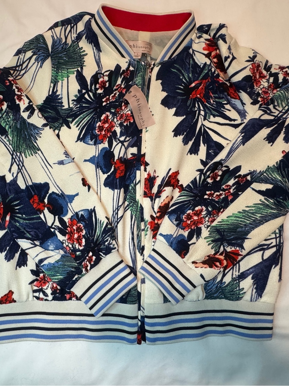 Philosophy Floral Bomber Jacket - Cream with Navy & Red Print